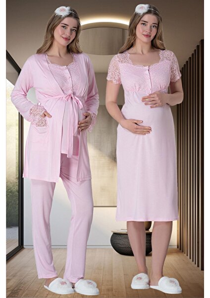 Mecit 6062 Pembe Sabahlıklı Gecelik Pijama Lohusa Set