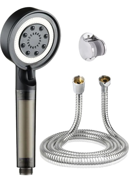 Siyah Filtreli 5 Fonksiyon Çelik Duş Başlığı Örgülü Duş Hortumu ve Mafsal 3'lü Duş Seti