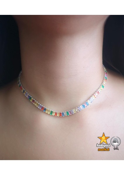 316 L Silver Zirkon Taşlı Baget Çok Renkli Su Yolu Kolye - HMÇK-0045
