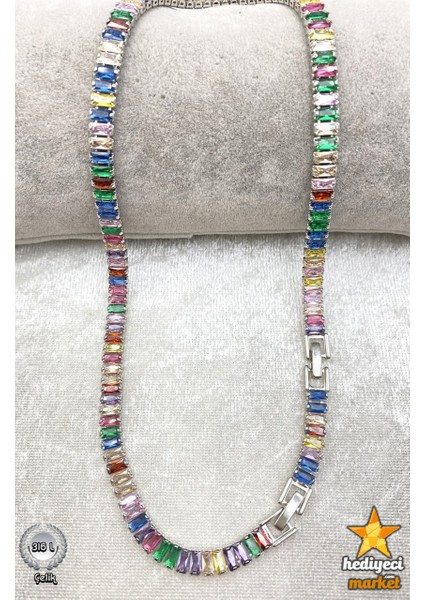 316 L Silver Zirkon Taşlı Baget Çok Renkli Su Yolu Kolye - HMÇK-0045