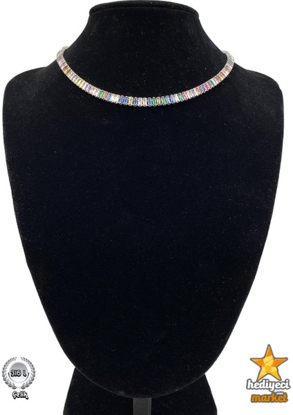 316 L Silver Zirkon Taşlı Baget Çok Renkli Su Yolu Kolye - HMÇK-0045