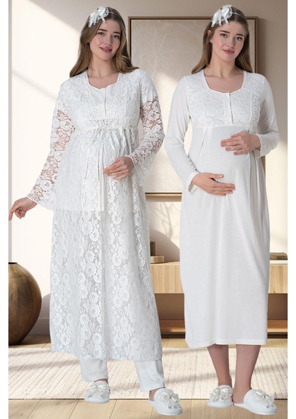 Mecit 6060 Ekru Dantel Sabahlıklı Gecelik Pijama Lohusa Set