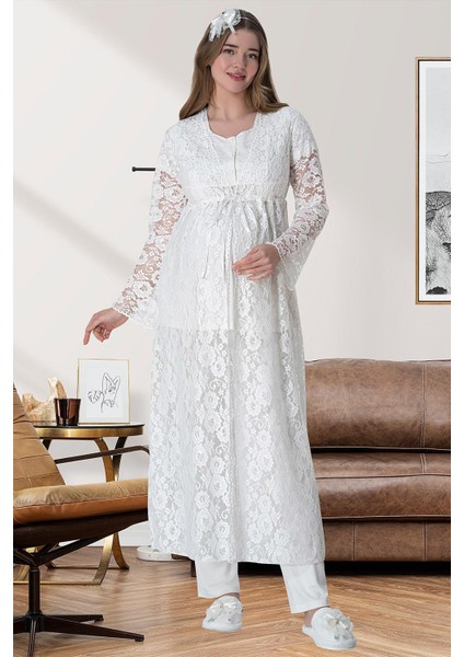 Mecit 6060 Ekru Dantel Sabahlıklı Gecelik Pijama Lohusa Set