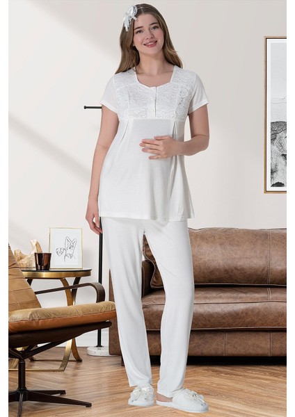 Mecit 6060 Ekru Dantel Sabahlıklı Gecelik Pijama Lohusa Set