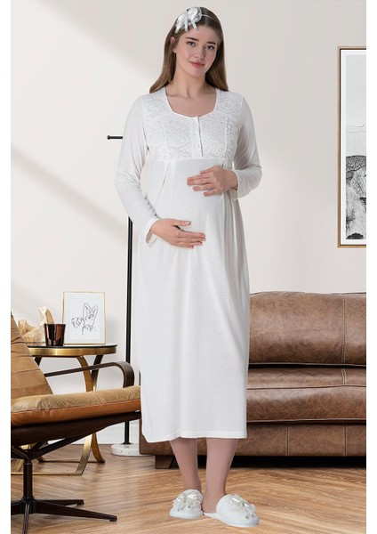 Mecit 6060 Ekru Dantel Sabahlıklı Gecelik Pijama Lohusa Set