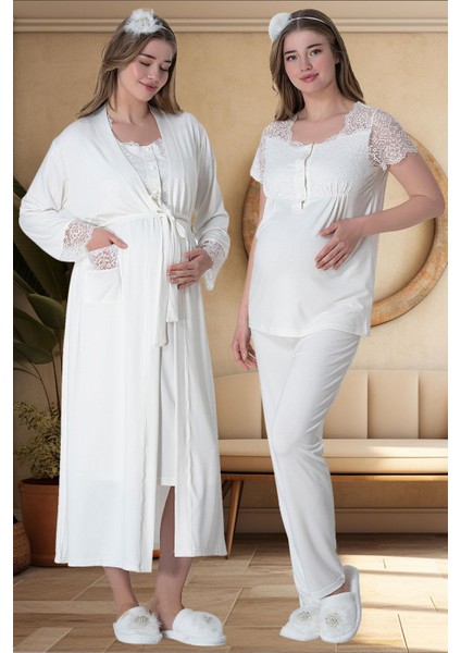 Mecit 6065 Ekru Uzun Sabahlıklı Gecelik Pijama Lohusa Set