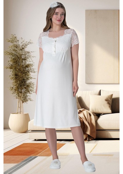 Mecit 6065 Ekru Uzun Sabahlıklı Gecelik Pijama Lohusa Set
