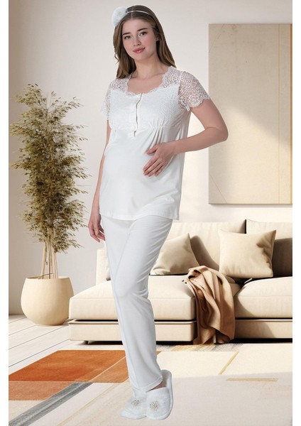 Mecit 6065 Ekru Uzun Sabahlıklı Gecelik Pijama Lohusa Set