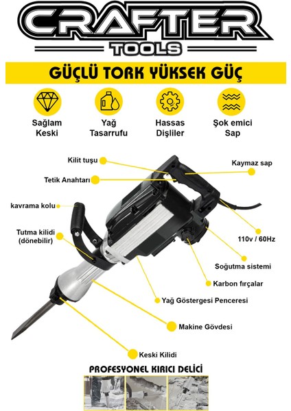 Max Germany Professional Büyük Tip Kırıcı Delici Hilti 16 kg Hilti 3 Metre Kablolu 65MM 2 Yıl 7