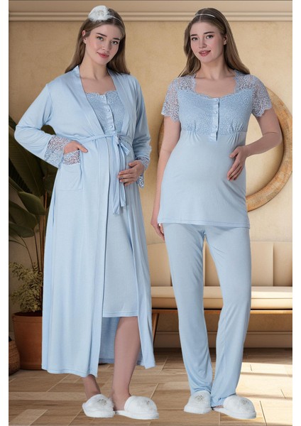 Mecit 6065 Mavi Uzun Sabahlıklı Gecelik Pijama Lohusa Set