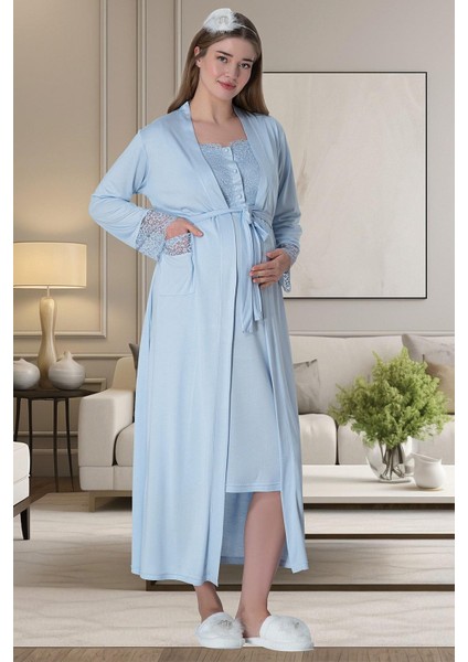 Mecit 6065 Mavi Uzun Sabahlıklı Gecelik Pijama Lohusa Set