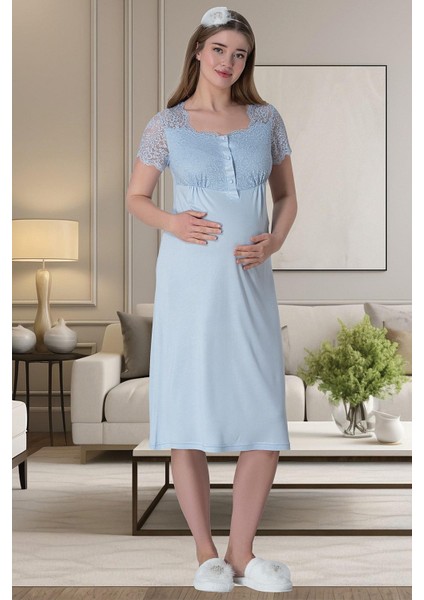 Mecit 6065 Mavi Uzun Sabahlıklı Gecelik Pijama Lohusa Set