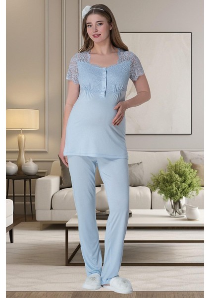 Mecit 6065 Mavi Uzun Sabahlıklı Gecelik Pijama Lohusa Set