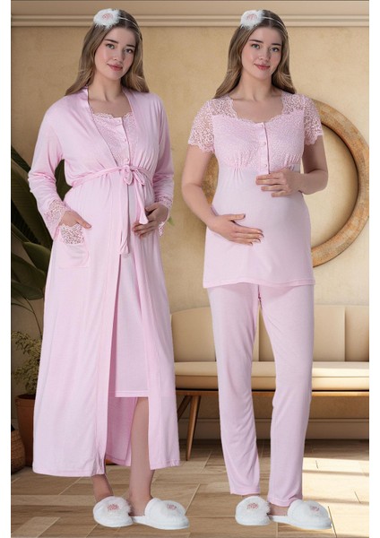 Mecit 6065 Pembe Uzun Sabahlıklı Gecelik Pijama Lohusa Set