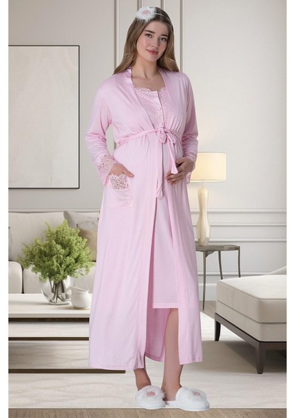 Mecit 6065 Pembe Uzun Sabahlıklı Gecelik Pijama Lohusa Set
