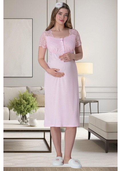 Mecit 6065 Pembe Uzun Sabahlıklı Gecelik Pijama Lohusa Set