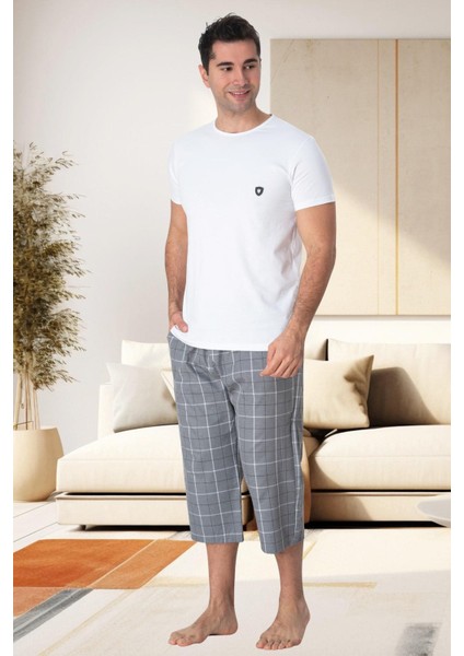 Mecit 2913 Gri Ekoseli Erkek Büyük Beden Capri Pijama Takımı