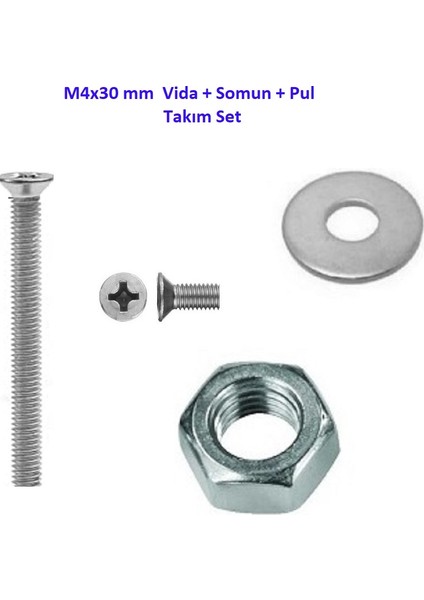M4X30 mm Vida+Somun+Pul Matkap Uçlu Yhb Vida Set 20 Adet