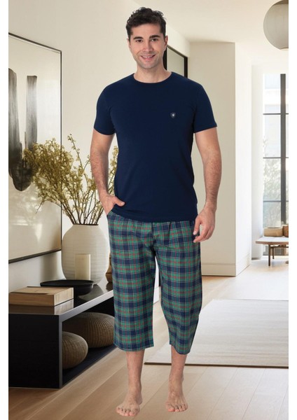 Mecit 2914 Lacivert Ekoseli Erkek Büyük Beden Capri Pijama Takımı