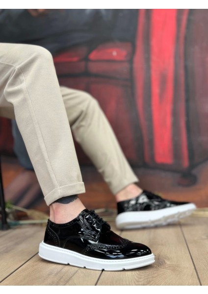 BA0003 Bağcıklı Klasik Siyah Beyaz Taban Rugan Yüksek Taban Casual Erkek Ayakkabı