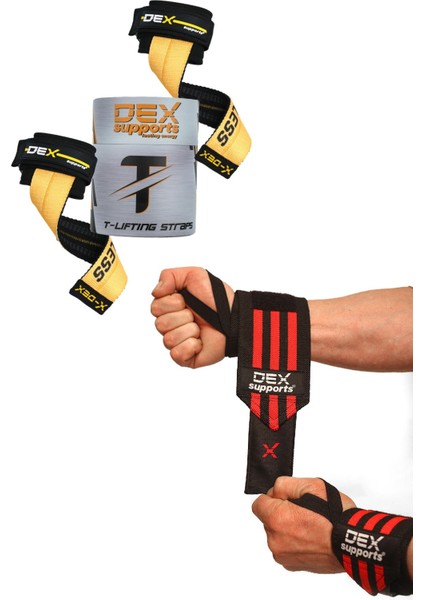 Fitness Sporcu Bilekliği Wrist Wraps + Ağırlık Kaldırma Kayışı T-Grips Lifting Straps 2'li Paket
