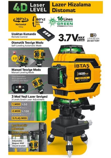 Çizgi Hizalama SGS5429 - Mıknatıslı Lazer Hizalama Distomat 4d - Kumandalı - Otomatik Tesviye Modu