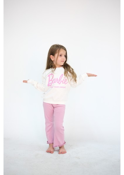 Kız Çocuk 2-6 Yaş Doğal Pamuklu Barbie Baskılı Bisiklet Yaka Uzun Kol Sweat Takım