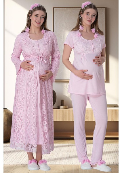 Mecit 6060 Pembe Dantel Sabahlıklı Gecelik Pijama Lohusa Set