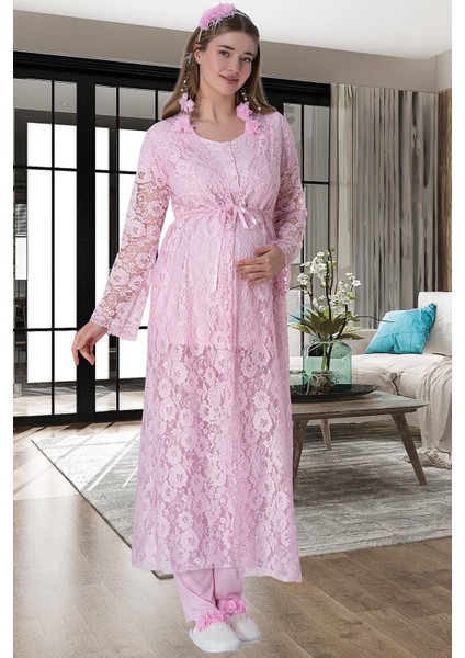 Mecit 6060 Pembe Dantel Sabahlıklı Gecelik Pijama Lohusa Set