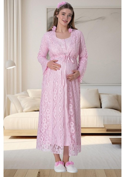 Mecit 6060 Pembe Dantel Sabahlıklı Gecelik Pijama Lohusa Set