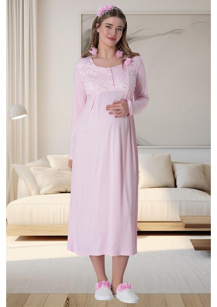 Mecit 6060 Pembe Dantel Sabahlıklı Gecelik Pijama Lohusa Set