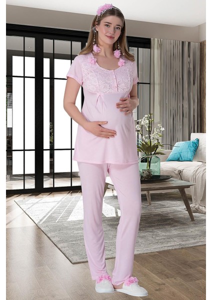 Mecit 6060 Pembe Dantel Sabahlıklı Gecelik Pijama Lohusa Set