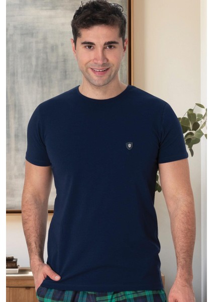 Mecit 3010 Lacivert Bisiklet Yaka Kısa Kollu Likralı Pamuk Erkek Tişört