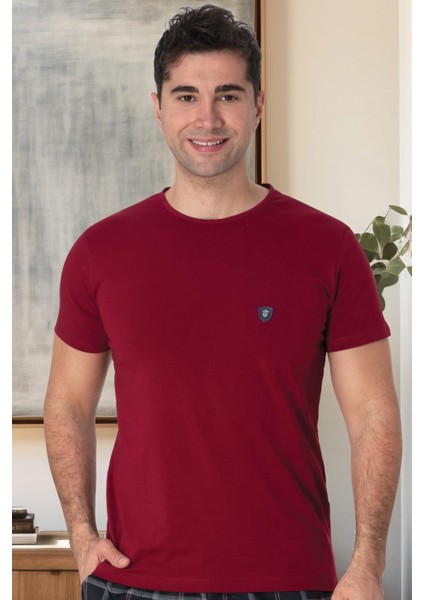 Mecit 3011 Bordo Bisiklet Yaka Kısa Kollu Likralı Pamuk Erkek Tişört