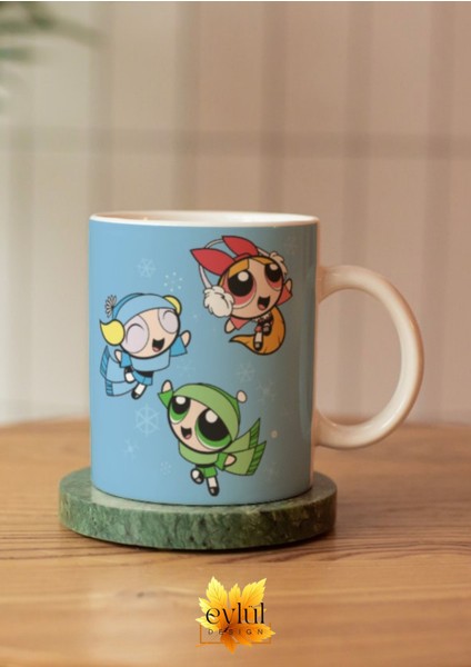 Powerpuff Girls Kış Temalı Baskılı Eğlenceli Tam Tur Özel Tasarım Renkli Baskılı Kupa Bardak
