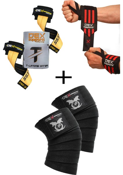 Fitness Sporcu Bilekliği Wrist Wraps + Ağırlık Kaldırma Kayışı T-Grips Lifting Straps + Antrenman Dizliği Knee Wraps Legend 3'lü Paket
