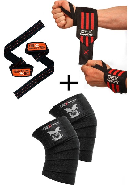 Fitness Sporcu Bilekliği Wrist Wraps + Ağırlık Kaldırma Kayışı Lifting Straps Turuncu + Antrenman Dizliği Knee Wraps Legend 3'lü Paket