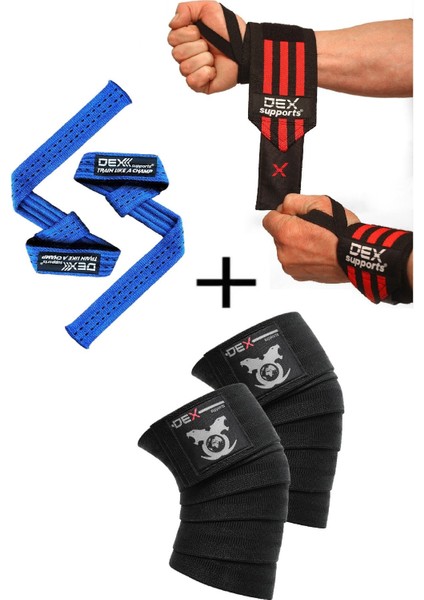 Fitness Sporcu Bilekliği Wrist Wraps + Ağırlık Kaldırma Kayışı Lifting Straps Mavi + Antrenman Dizliği Knee Wraps Legend 3'lü Paket