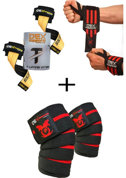 Fitness Sporcu Bilekliği Wrist Wraps + Ağırlık Kaldırma Kayışı T-Grips Lifting Straps + Antrenman Dizliği Knee Wraps Elite 3'lü Paket