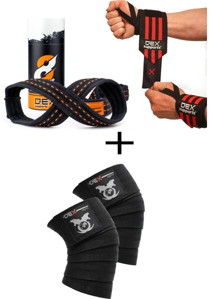 Fitness Sporcu Bilekliği Wrist Wraps + Ağırlık Kaldırma Kayışı 8 Loop Lifting Straps Turuncu + Antrenman Dizliği Knee Wraps Legend 3'lü Paket