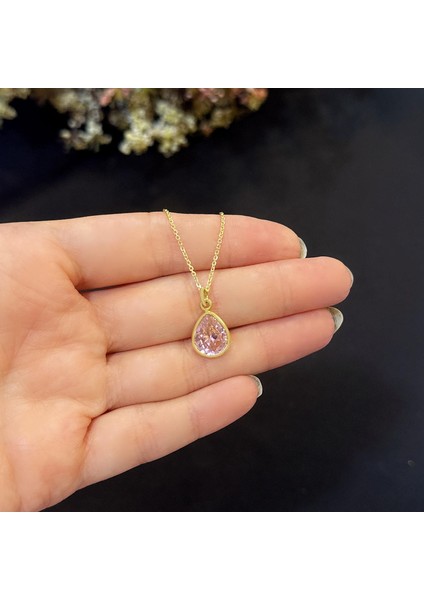 Stela Pembe Kuvars Damla Gümüş Kolye