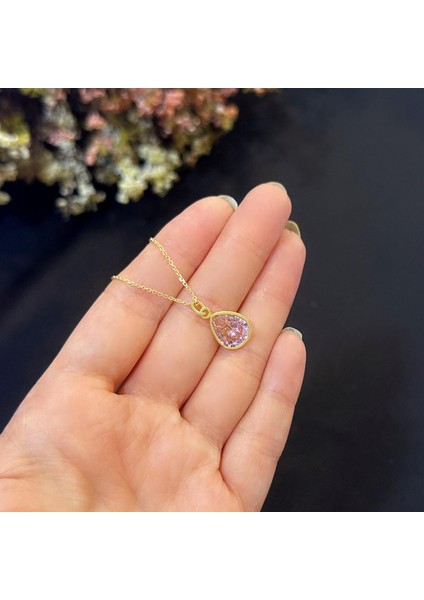 Stela Pembe Kuvars Damla Gümüş Kolye