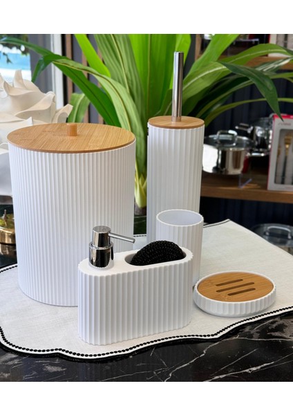 5 Parça Lucas Akrilik Bambu Banyo Seti Beyaz