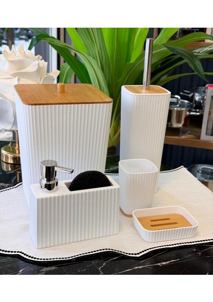5 Parça Lenox Akrilik Bambu Banyo Seti Beyaz