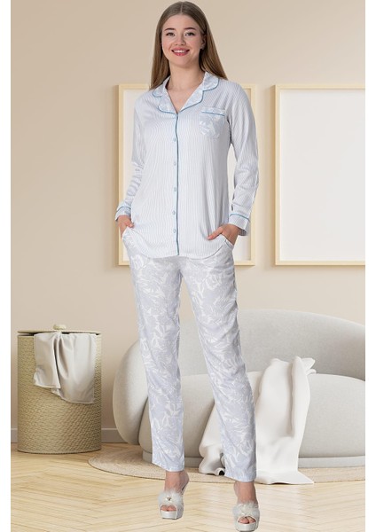 Mecit 5143 Mavi Boydan Düğmeli Kadın Pijama Takımı