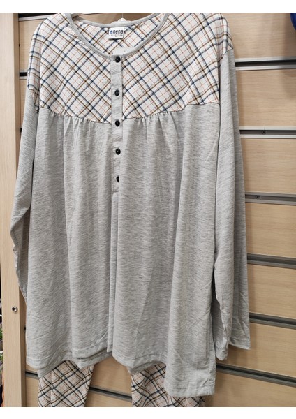 %100 Pamuk Düğmeli Yaka Uzun Kol Kadın Büyük Beden Pijama Takım 14757