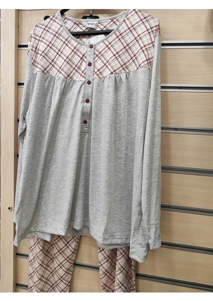 %100 Pamuk Düğmeli Yaka Uzun Kol Kadın Büyük Beden Pijama Takım 14757