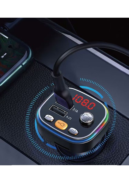 Fm Araç Transmitter Bluetooth Sd Card Şarj Müzik Radyo Mikrofon Araç Içi Çakmaklık Şarj ve Ses Cihaz
