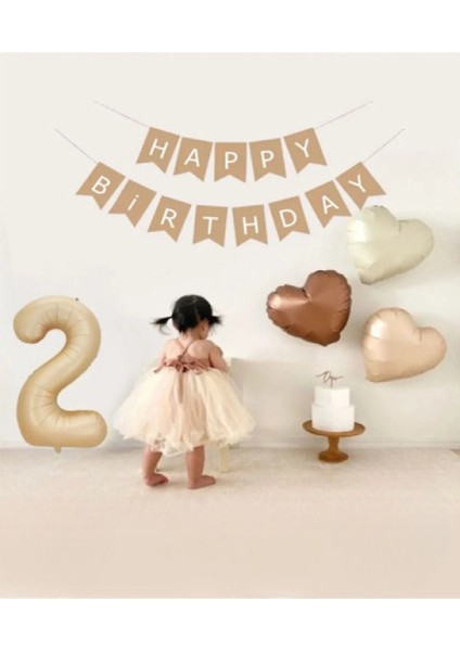 Bej Rakam Folyo Balon Retro Kalp Folyo Balon Seti Kraft Gold Altın Happy Birthday Yazılı Doğum Günü Partiseti Süsü
