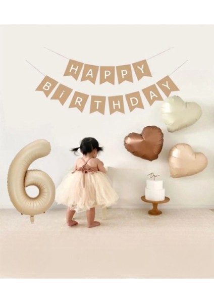 Bej Rakam Folyo Balon Retro Kalp Folyo Balon Seti Kraft Gold Altın Happy Birthday Yazılı Doğum Günü Partiseti Süsü